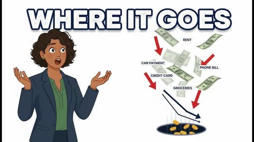 An illustration titled "WHERE IT GOES" shows a person looking surprised as money flows out to expenses like rent, car payments, and groceries, leaving nothing left.