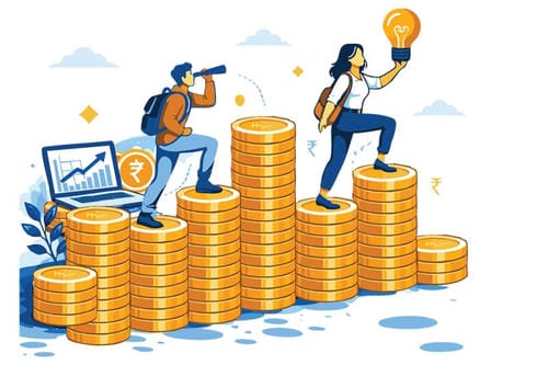An illustration of two people climbing stacks of coins, one using a telescope and the other holding a lightbulb.