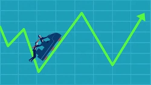 Two businessmen pushing a car uphill along a fluctuating green growth chart.
