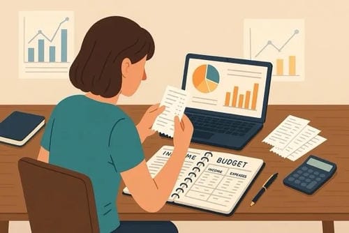 An illustration of a woman budgeting at her desk, using a laptop, budget planner, receipts, and a calculator.
