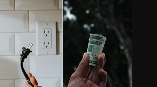 A split image showing a hand holding an electrical plug by an outlet and another hand holding a dollar bill, representing utility costs and expenses.