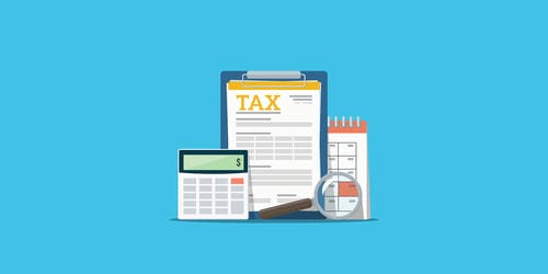 A flat illustration of tax preparation tools, including a tax form, calculator, magnifying glass, and calendar.