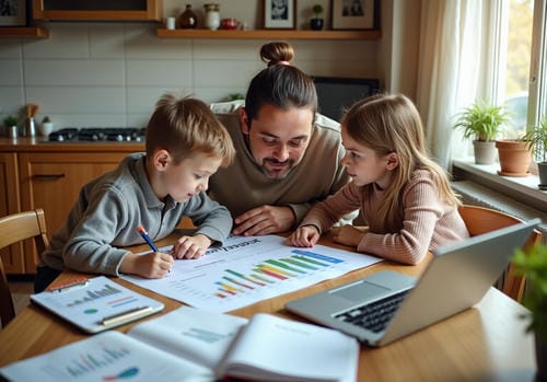 A father helping his children learn about budgeting with colorful charts and a laptop at the kitchen table.