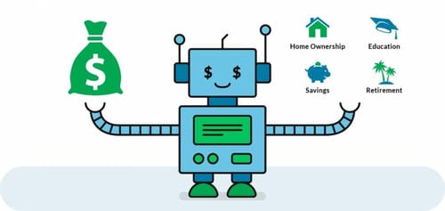 A friendly finance robot holding a money bag, with icons for homeownership, education, savings, and retirement goals.