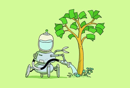A cartoon robot watering a money tree with scissors, symbolizing automated investment growth.