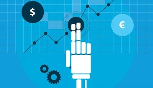 Illustration of a robotic hand interacting with a financial line graph featuring dollar and euro symbols.