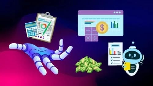 A robotic hand presenting financial tools, including calculators, charts, cash, and a finance bot, representing AI-driven finance.