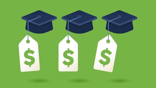 Three graduation caps with price tags displaying dollar signs, symbolizing the cost of higher education.
