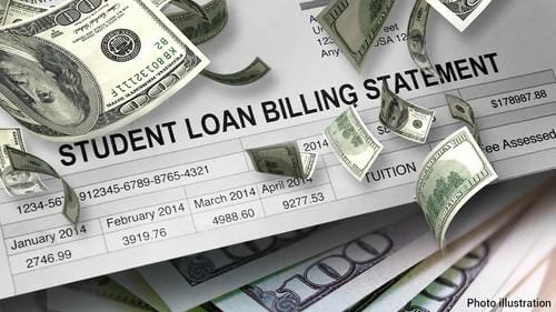 A student loan billing statement covered with falling US dollar bills, showing tuition costs.