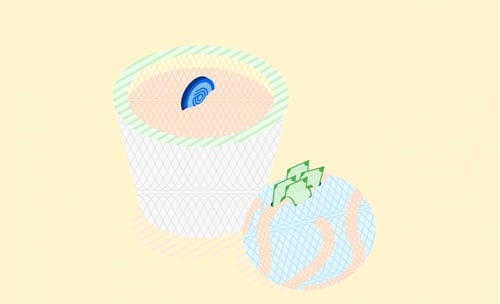 An isometric illustration of two cups, one with a card and one decorated with dollar bills, symbolizing money-themed treats.