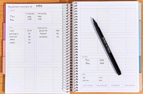A May overview budget planner tracking income, bills, and savings for two people, with a black pen.