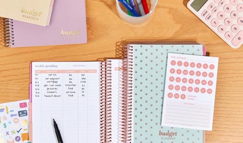 A collection of pastel-themed budget planners, including weekly spending trackers and a "no spend" calendar.