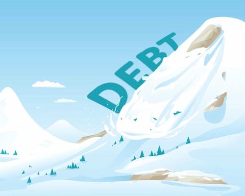 An illustration shows the word “DEBT” caught in a snow avalanche, symbolizing how overwhelming debt can feel.