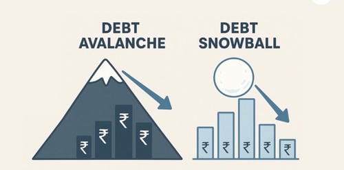 A simple infographic compares the Debt Avalanche (attacking the highest interest debt first, represented by a mountain) and Debt Snowball (paying off the smallest debt first, represented by bars).