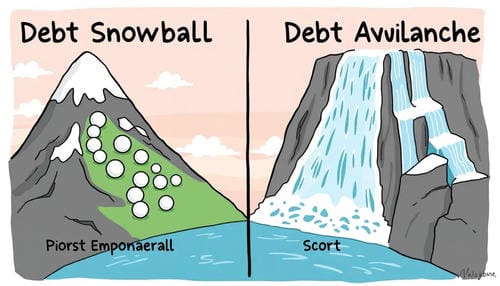 A cartoon compares the Debt Snowball (represented by a growing snowball on a mountain) and Debt Avalanche (represented by a waterfall), illustrating two different debt-repayment strategies.