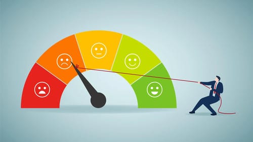 A businessman pulling a rope to move a gauge needle from the red (unhappy) zone toward the green (happy) zone, representing improving satisfaction or scores.