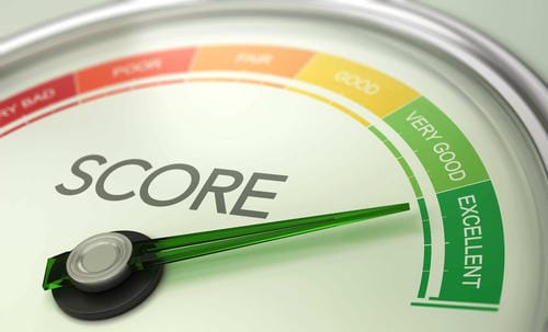 A credit score gauge with the needle pointing to the "Excellent" range.