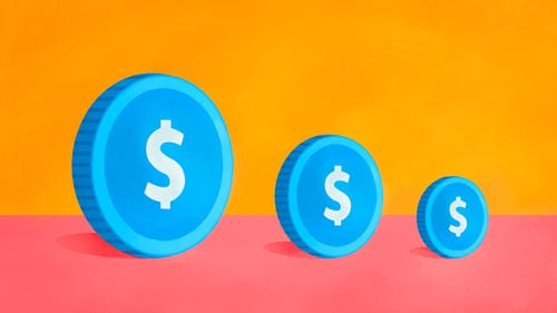 Three blue dollar coins of decreasing size, symbolizing financial decline or diminishing returns.