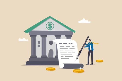 An illustration of a businessman signing a large document next to a bank building, representing financial agreements or loans.