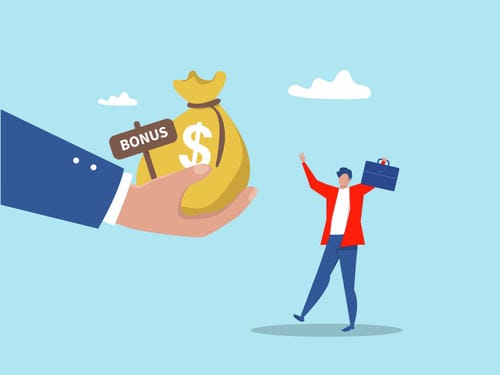 An illustration of a large hand offering a money bag labeled "BONUS" to a happy employee.