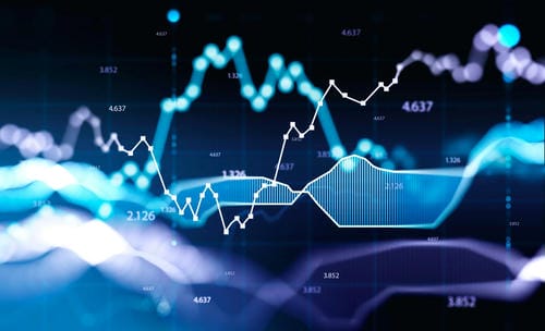 A futuristic financial data visualization with glowing blue and white line graphs and numerical data.