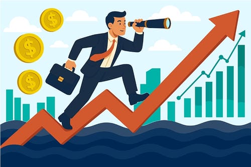 An illustration of a businessman climbing a growth chart while looking through a telescope, symbolizing financial foresight.