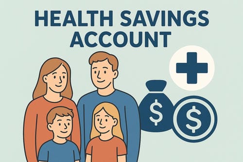 Illustration of a family with "HEALTH SAVINGS ACCOUNT" text, plus medical cross and money icons.
