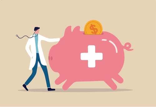 Flat illustration of a doctor next to a piggy bank with a medical cross and dollar coin.