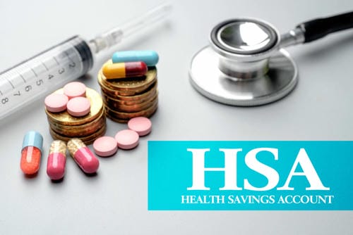 Photo of pills, coins, a syringe, and a stethoscope with "HSA HEALTH SAVINGS ACCOUNT" text.