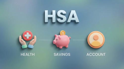 3D graphic explaining "HSA" as Health (hands + cross), Savings (piggy bank), and Account (user icon).