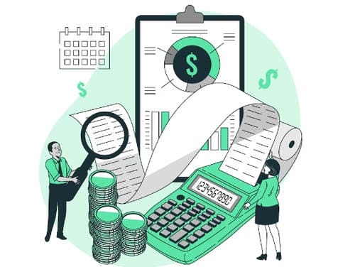 A financial accounting illustration with a calculator, documents, pie chart, coins, and people analyzing finances.