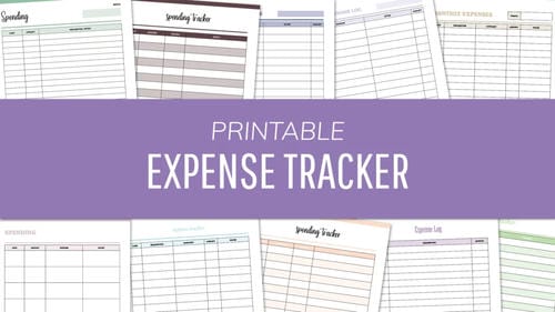 A graphic showing various printable expense tracker templates with the text "PRINTABLE EXPENSE TRACKER".