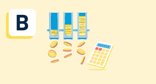 An illustration of budget tracking with labeled "B", coin slots, falling coins, and a dollar-sign calculator.