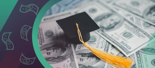A graduation cap resting on top of US dollar bills, representing the cost of education and student loans.