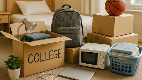 Moving boxes and dorm essentials, including a microwave, laptop, and backpack, packed for college.